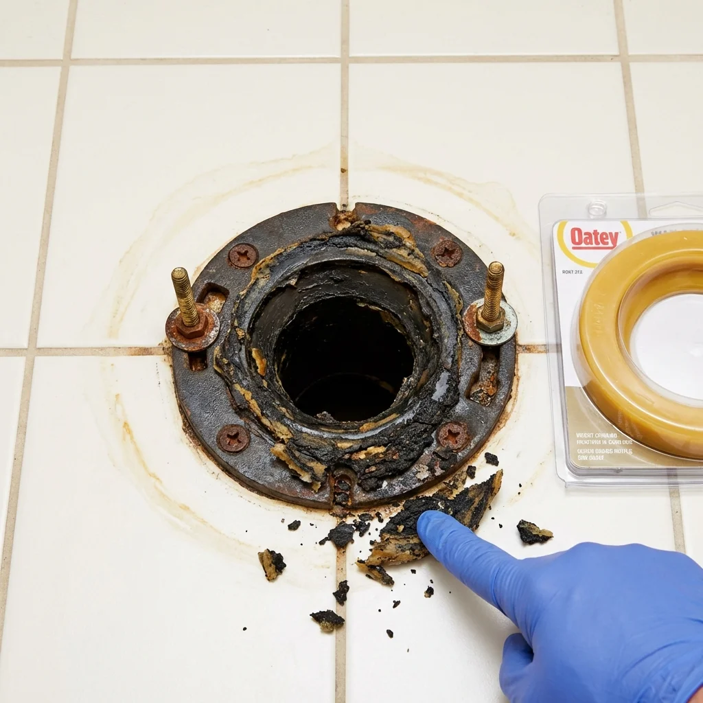 Failed wax ring showing water seepage at the base of a toilet in a Occoquan, VA home