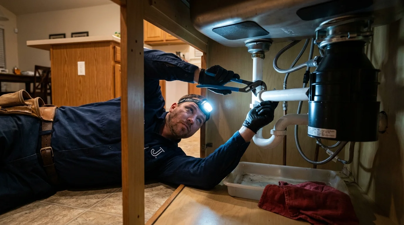 P-trap and supply line connections under a kitchen sink showing a common leak point in Occoquan, VA
